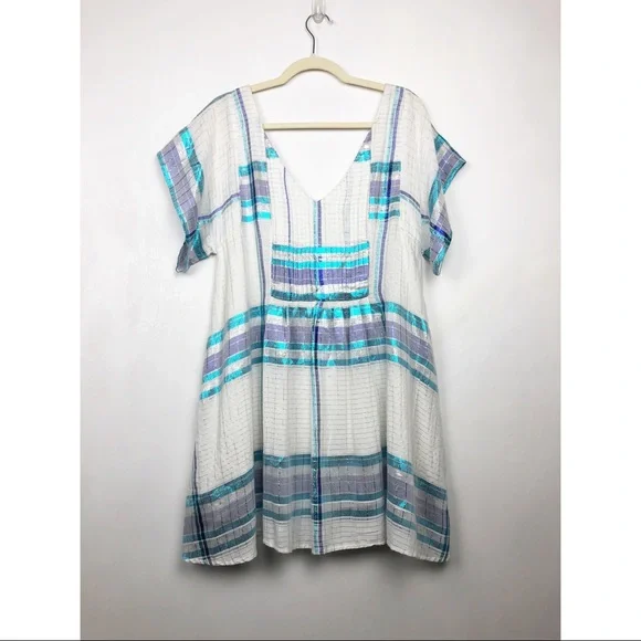 Free People Mini Dress White Blue Metallic Plaid S - Picture 13 of 13